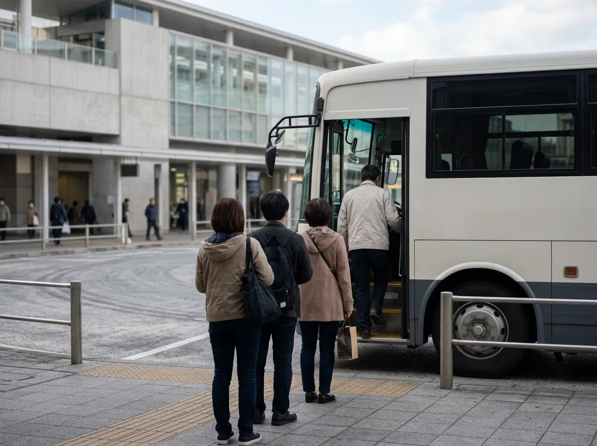 駅前でバスに乗り込む人たちの後ろ姿