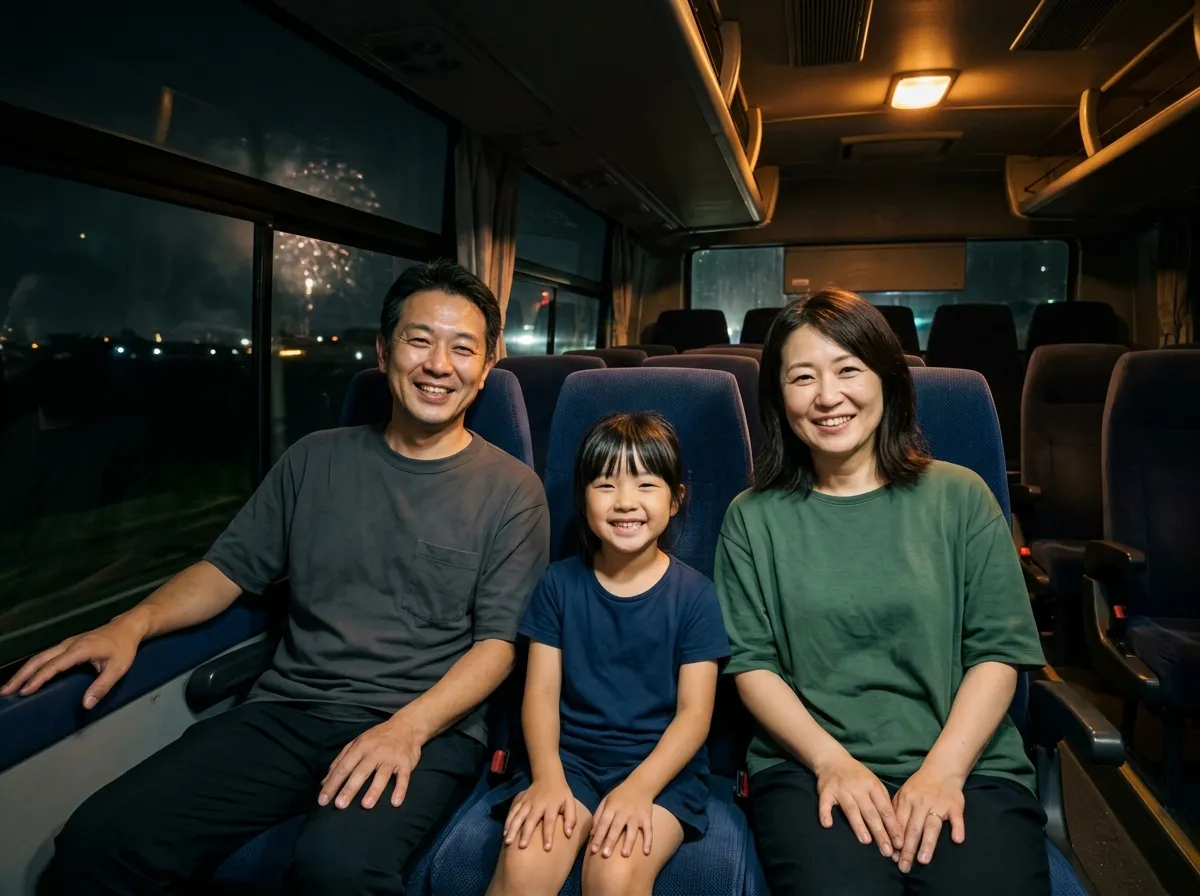 帰りのバスの座席で笑顔の家族