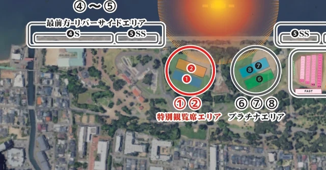 会場全体図。①②特別観覧席エリアを赤で示した図