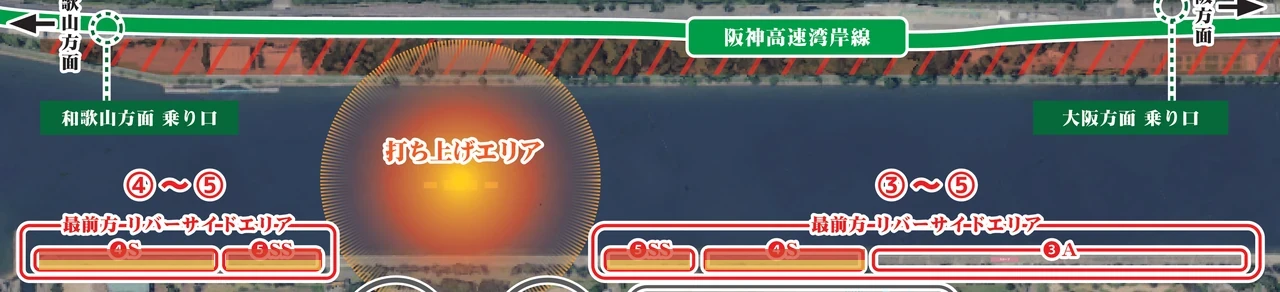 打ち上げエリアと最前方リバーサイドエリアS・SSの位置。S・SSの範囲を自由席（前方）と指定席（後方）の2色で塗り分けた図