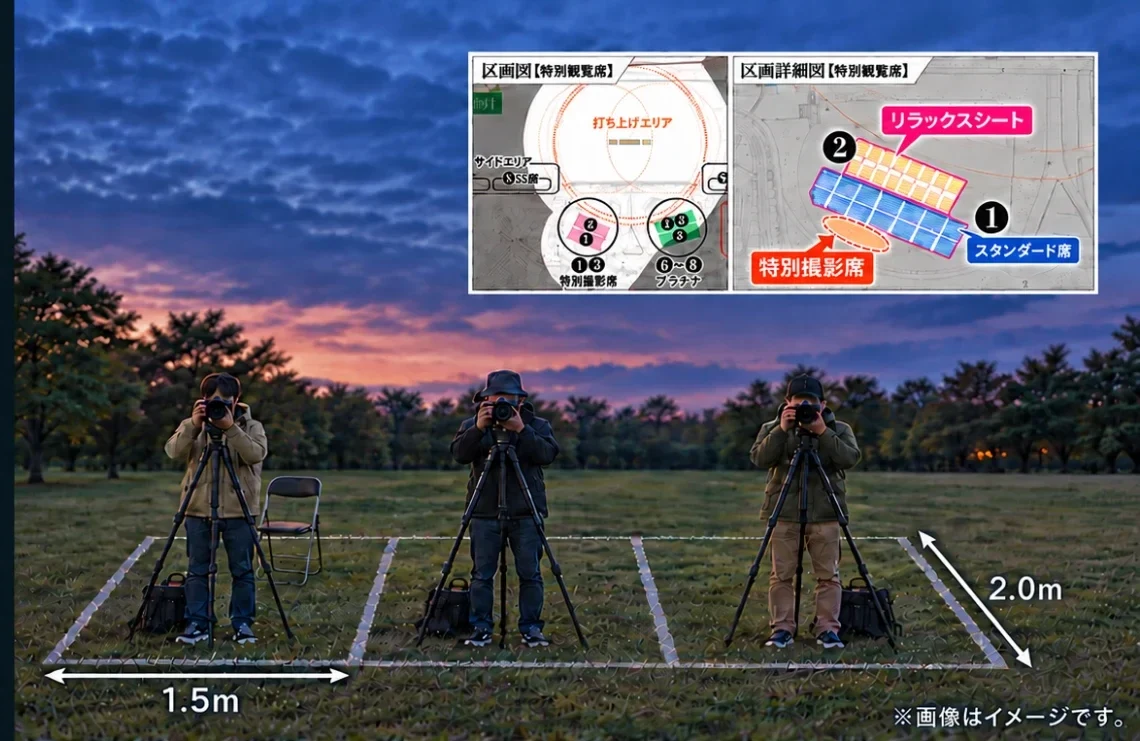 芝生に引かれた1.5m×2.0mの区画で、三脚を立てて撮影する3人。右上に区画図と区画詳細図