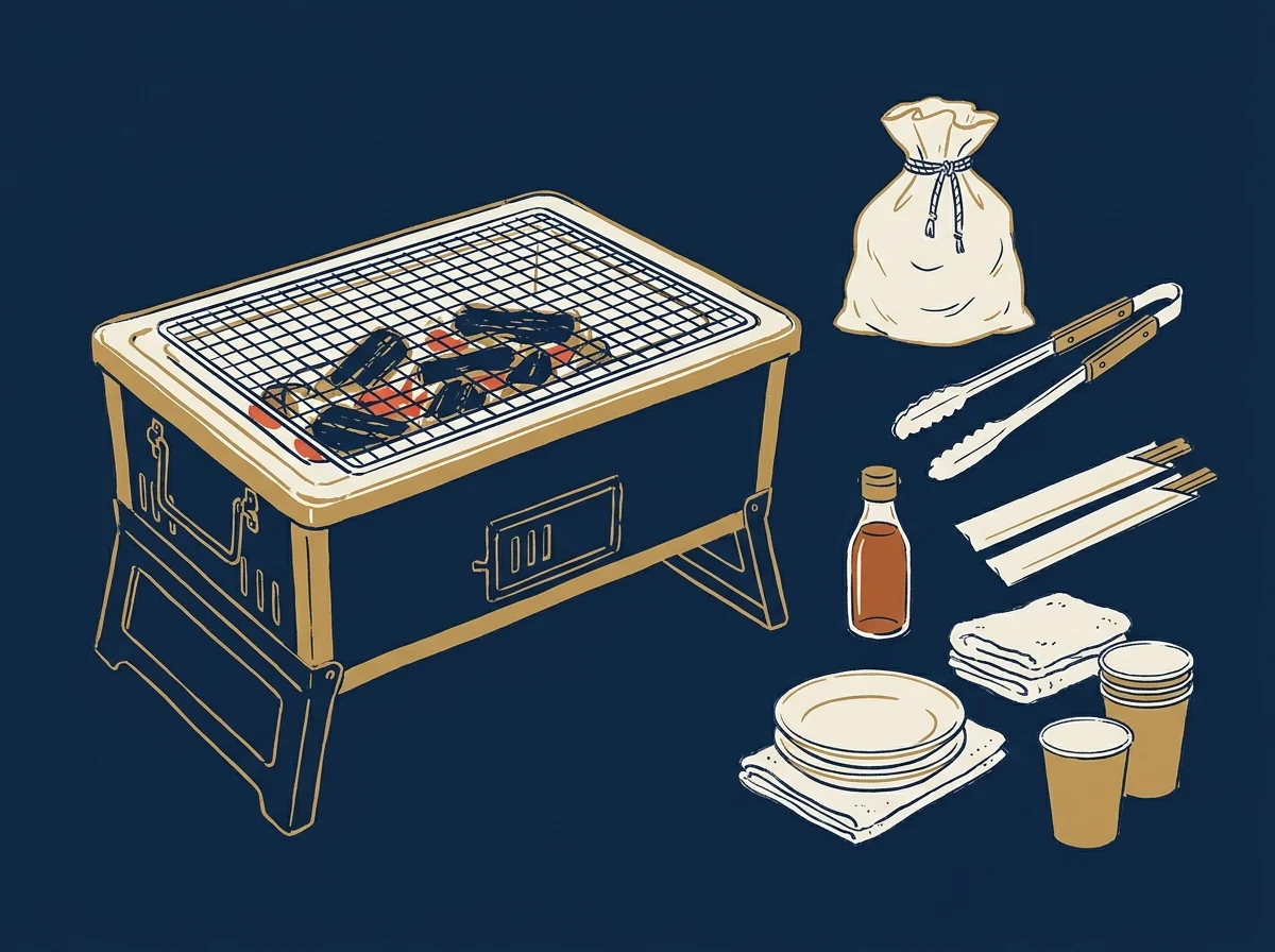 BBQ器材一式の参考イメージ。焼き網付きコンロ、炭の袋、トング、タレ、お箸、お皿、おしぼり、紙コップ