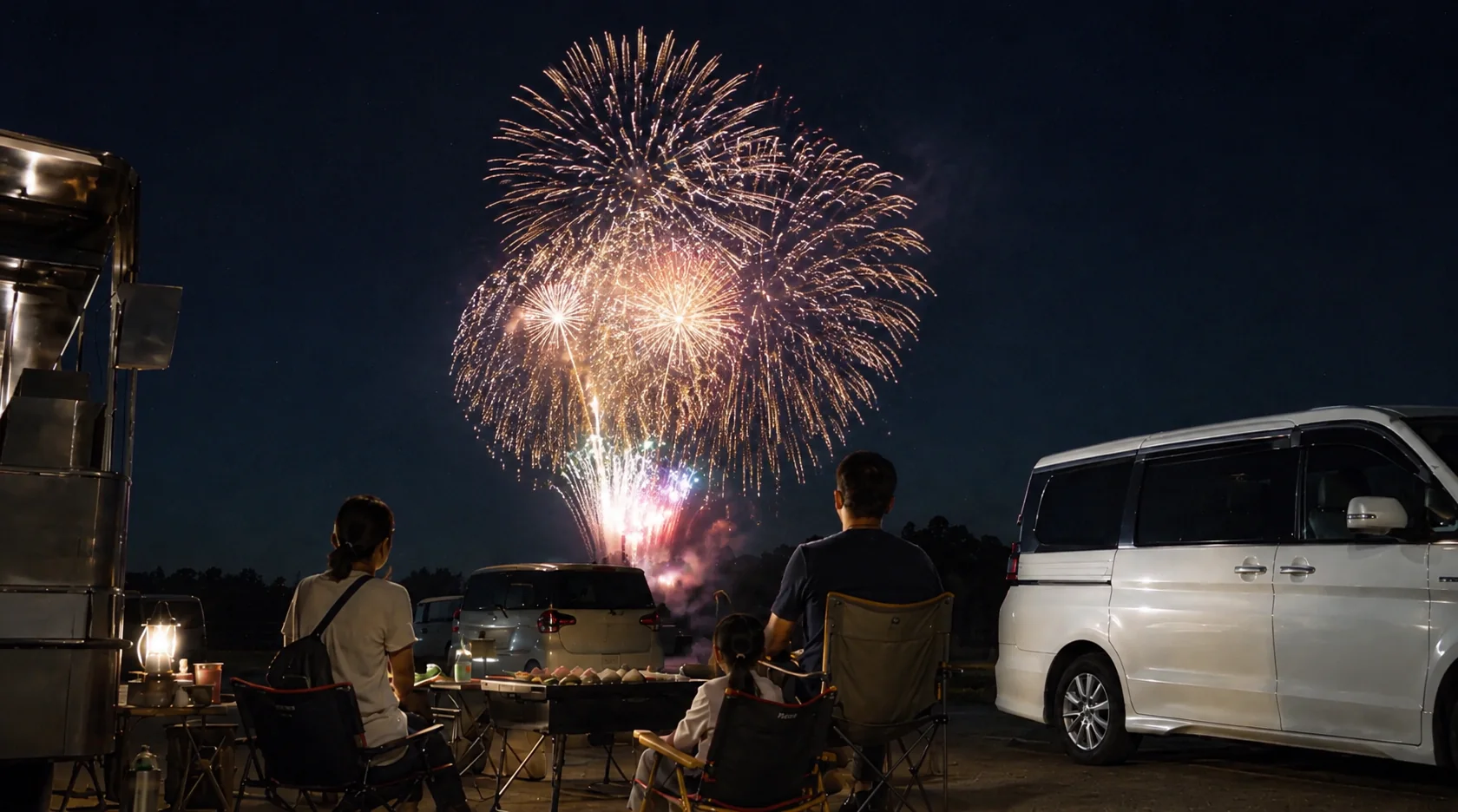 車の横に椅子とテーブルを出し、家族で花火を見上げる来場者