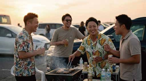 夕暮れの区画でBBQを楽しむようす