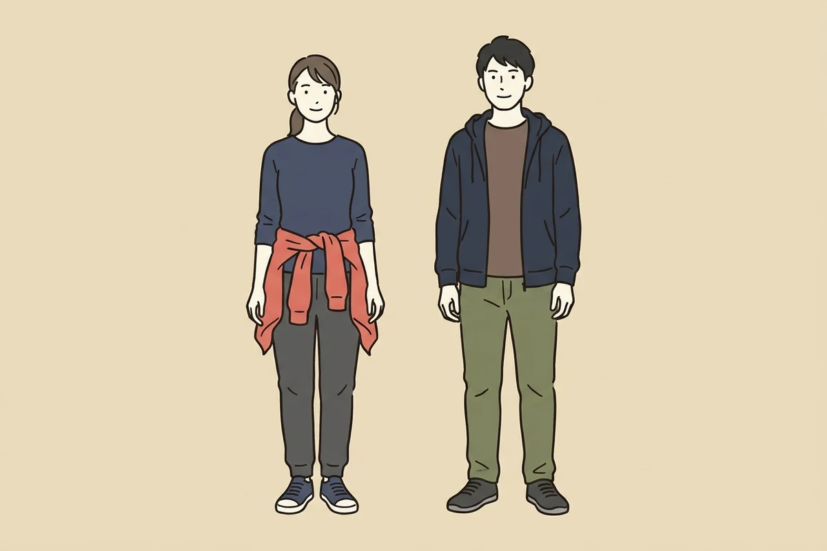 動きやすい服装の例。長袖シャツに長ズボン、スニーカーの女性と男性のイラスト